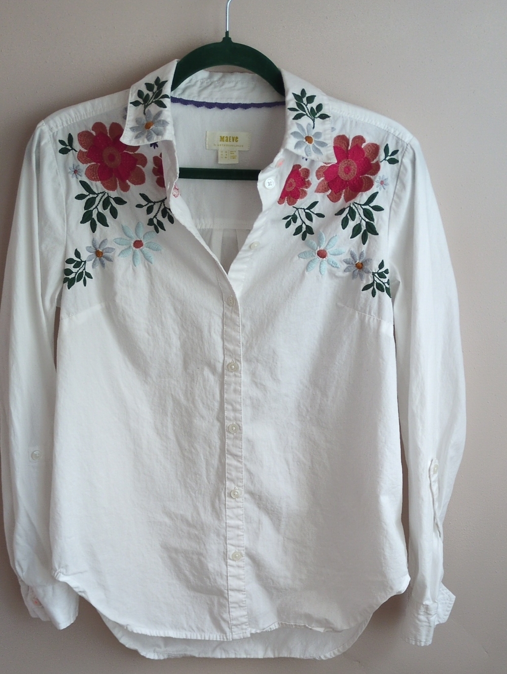 Anthropology White Button-Down Shirt with Pink & Blue Floral Embroidery